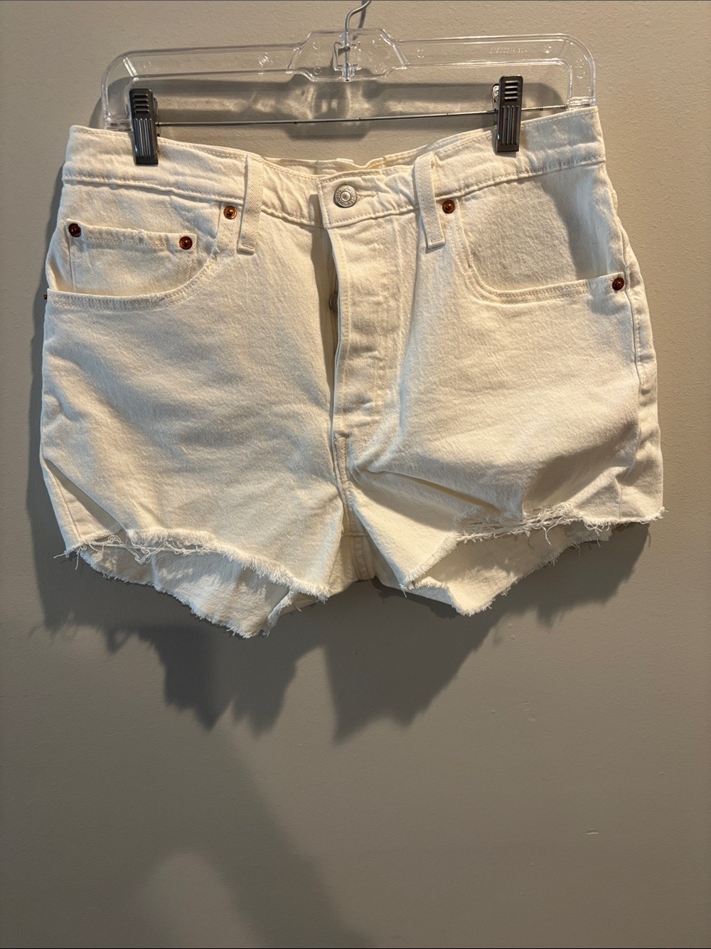 Levi's 501 Cream White Frayed Hem Denim Shorts